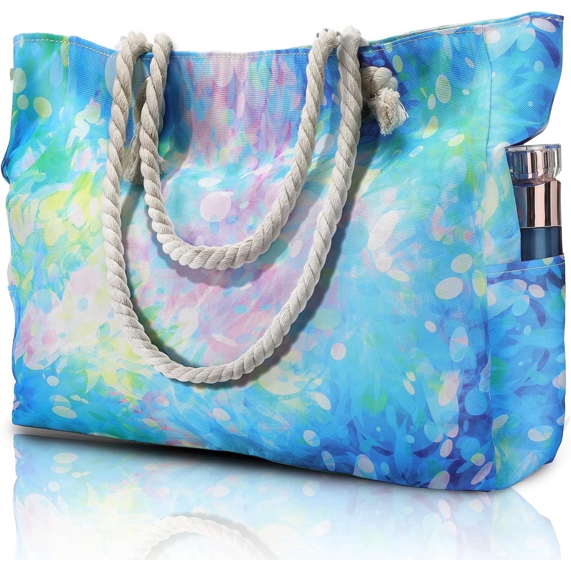 Formypet Fashion Beach Tote Bag for Women, Large Waterproof Canvas Tote with Zipper for Pool, Swim & Travel, Tie Dye Blue
