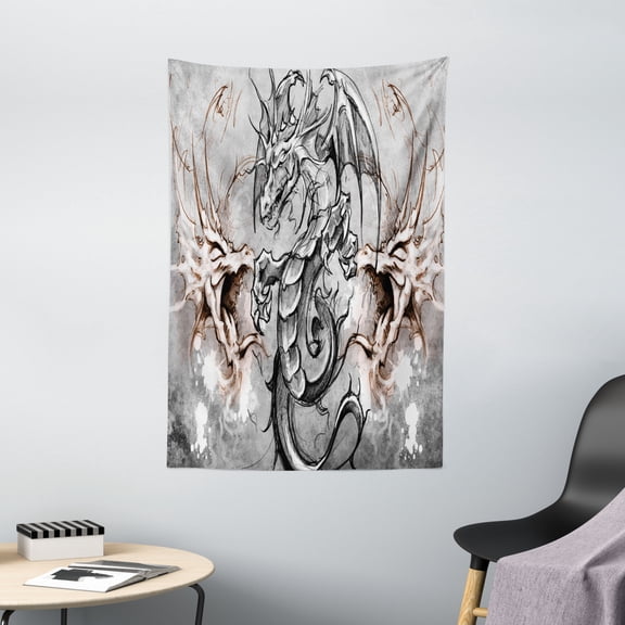 Dragon Tapestry, Scary Creature in Sketch Stylized Horror Scene Monster Tattoo Art Gothic Picture, Wall Hanging for Bedroom Living Room Dorm Decor, 40W X 60L Inches, Grey Umber, by Ambesonne