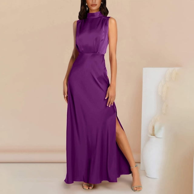 Lenago Robes Formelles Grande Taille pour Femmes Mode Femmes Été Uni Décontracté Col Rond Sans Manches Fente Haute Robe Maxi Robes d'Été de Plage en Liquidation