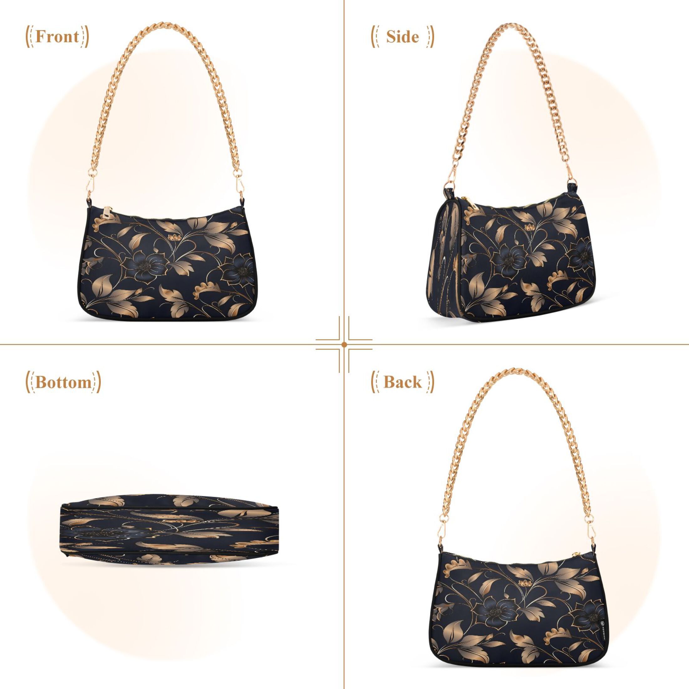 Ryvnso Flower on Black Womens Chain Shoulder Bag Tote Handbags Clutch Hobo Purse with Zipper for Travel