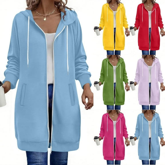 zejinsd Long Sweatshirts for Women Relaxed Fit Hooded Sweatshirts Jackets Fall Winter Warm Comfort Outerwear Solid Color Long Hoodies Zipper Coat