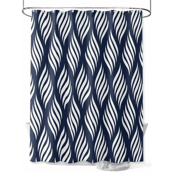 Shower Curtains for Bathroom-72"x72", Geometric White Wave Stripe Waterproof Bath Curtain Grommet Shower Curtain Set with Hooks, Lines on Navy Blue Washable Bath Accessories