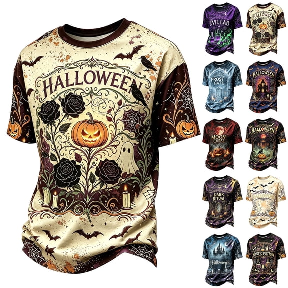 Havenx Mens Halloween T Shirts Pumpkin Print Shirt Short Sleeve Crew Neck Tshirts Funny Spooky Scary Lightweight Casual Retro Tee,Beige M