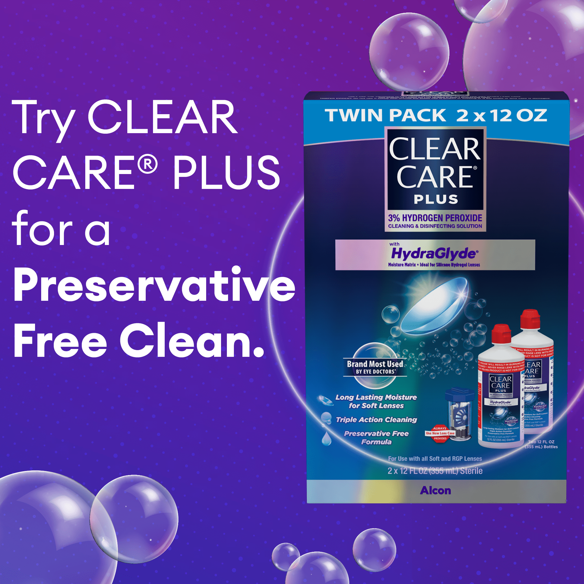 Clear Care Plus Hydrogen Peroxide Contact Lens Cleaning Liquid Solution with HydraGlyde, Two 12