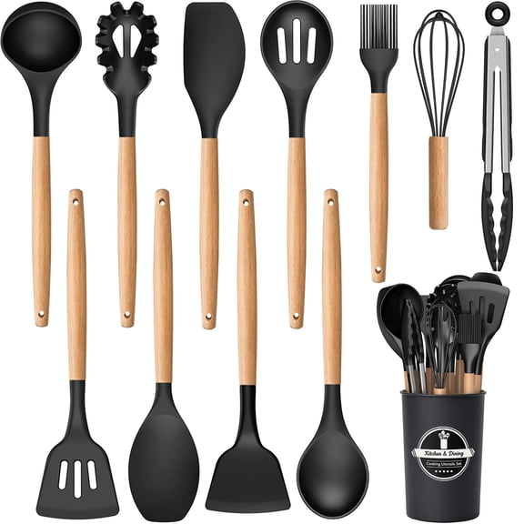 Kisportee 12 PCS Cooking Utensils Set - 446°F Heat Resistant Silicone Kitchen Utensils for Cooking, Kitchen Utensil Spatula Set w Wooden Handles,Holder, BPA FREE Gadgets for Non-Stick Cookware (Black