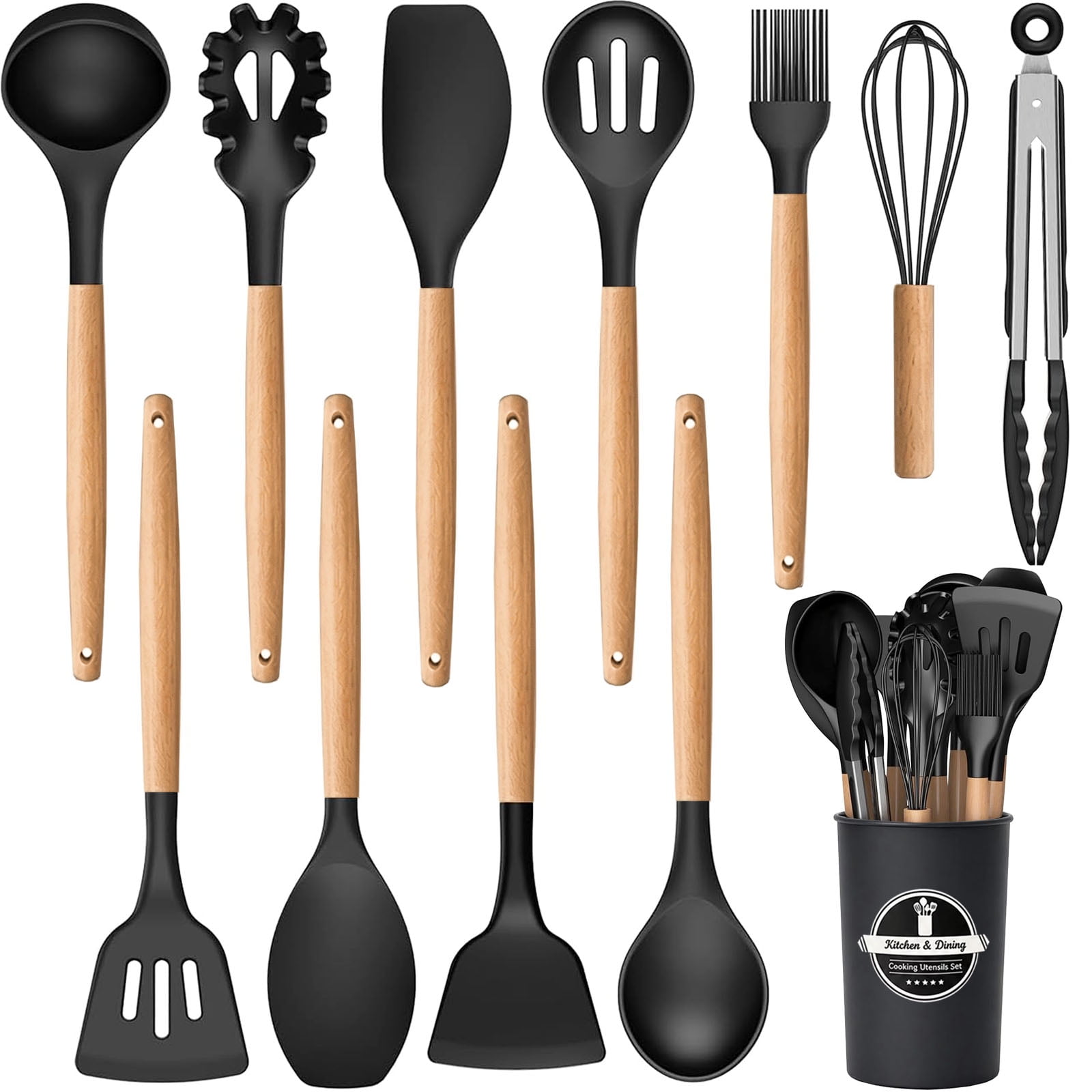 Kisportee 12 PCS Cooking Utensils Set - 446°F Heat Resistant Silicone Kitchen Utensils for Cooking, Kitchen Utensil Spatula Set w Wooden Handles,Holder, BPA FREE Gadgets for Non-Stick Cookware (Black