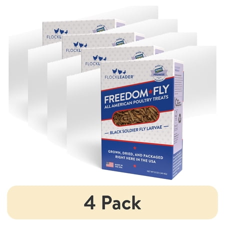 (4 pack) FlockLeader Freedom Fly, All American Dried Black Soldier Fly Larvae Poultry Treats, 12 Ounces