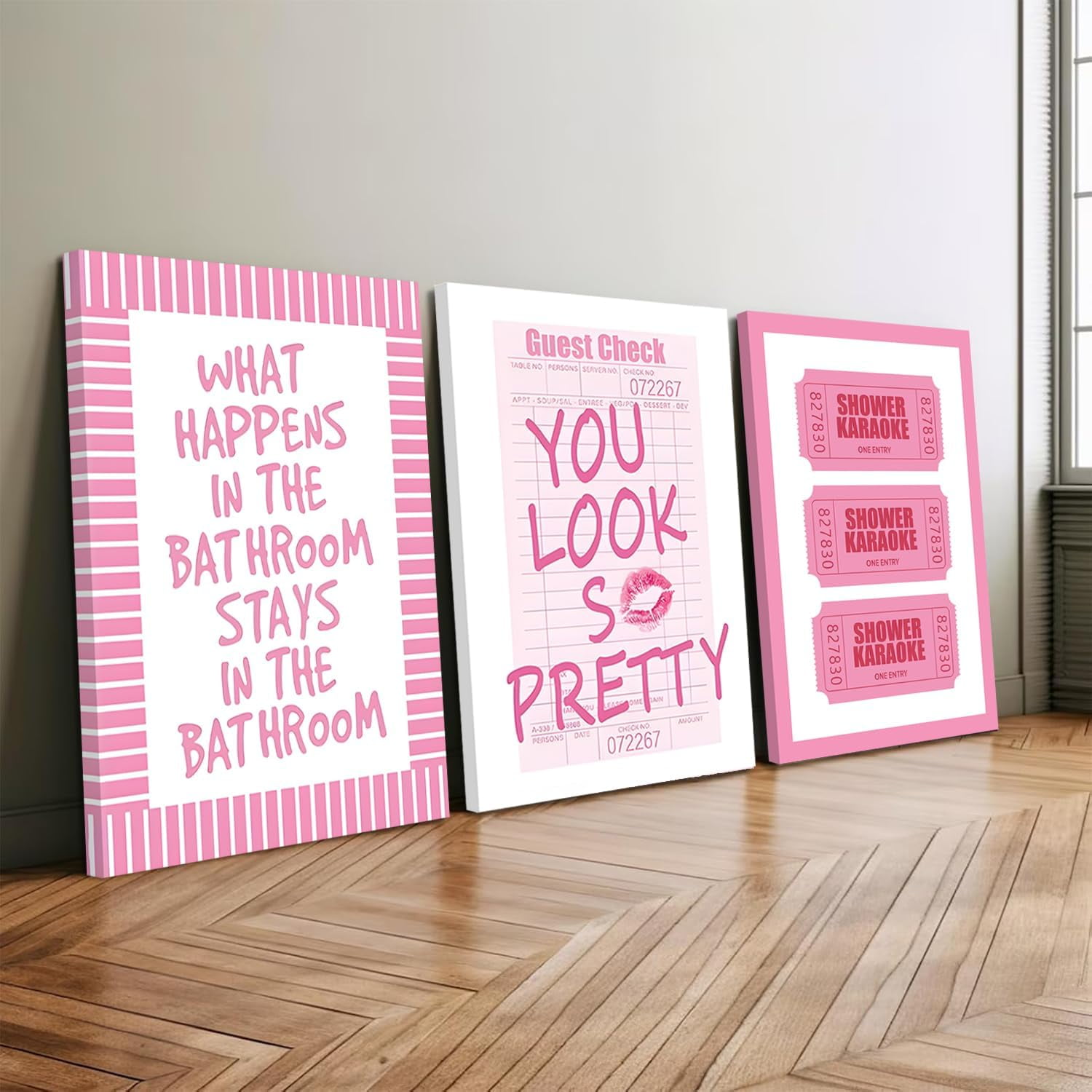 3Pcs Framed Preppy Pink Bathroom Wall Art Set, Funny Guest Check & Shower Karaoke Stamp Canvas Posters, Trendy Indie Pop Room Decor for Women Powder Room Restroom 12x16in