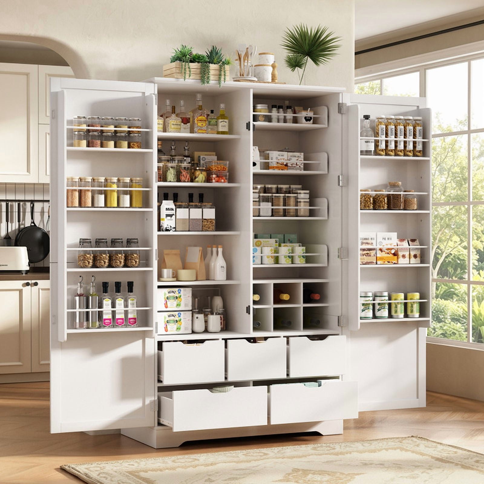 All-in-One Kitchen Pantry Bar Cabinet with Drawers, Hidden Trays, Racks & Adjustable Shelves, Freestanding Storage Cupboard