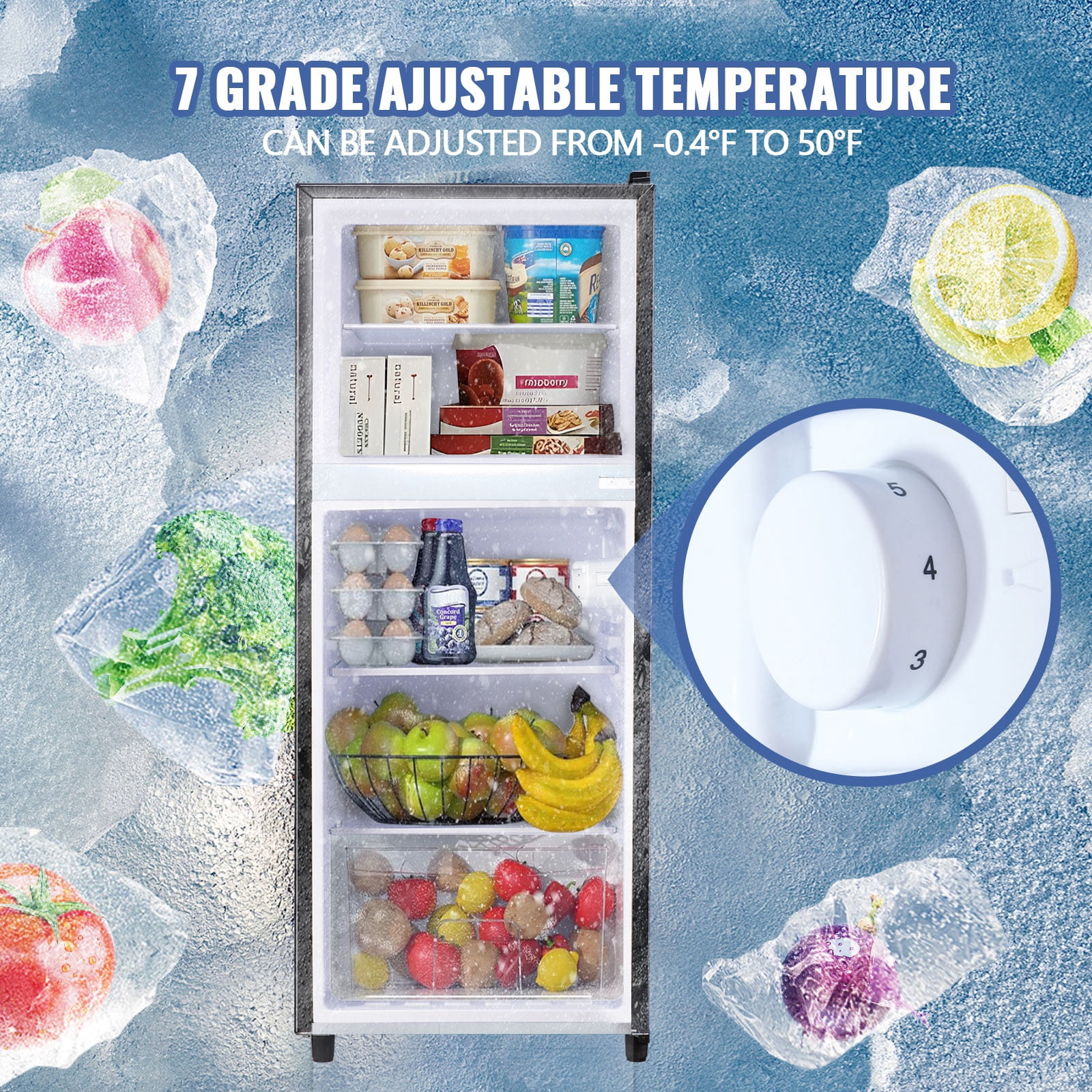JIEJIA Double Door Small Refrigerator, 5.0 Cubic Feet Mini Fridge with 7-Level Adjustable Thermostat for Office, Dorm, Bedroom, Home and Apartment, Gray