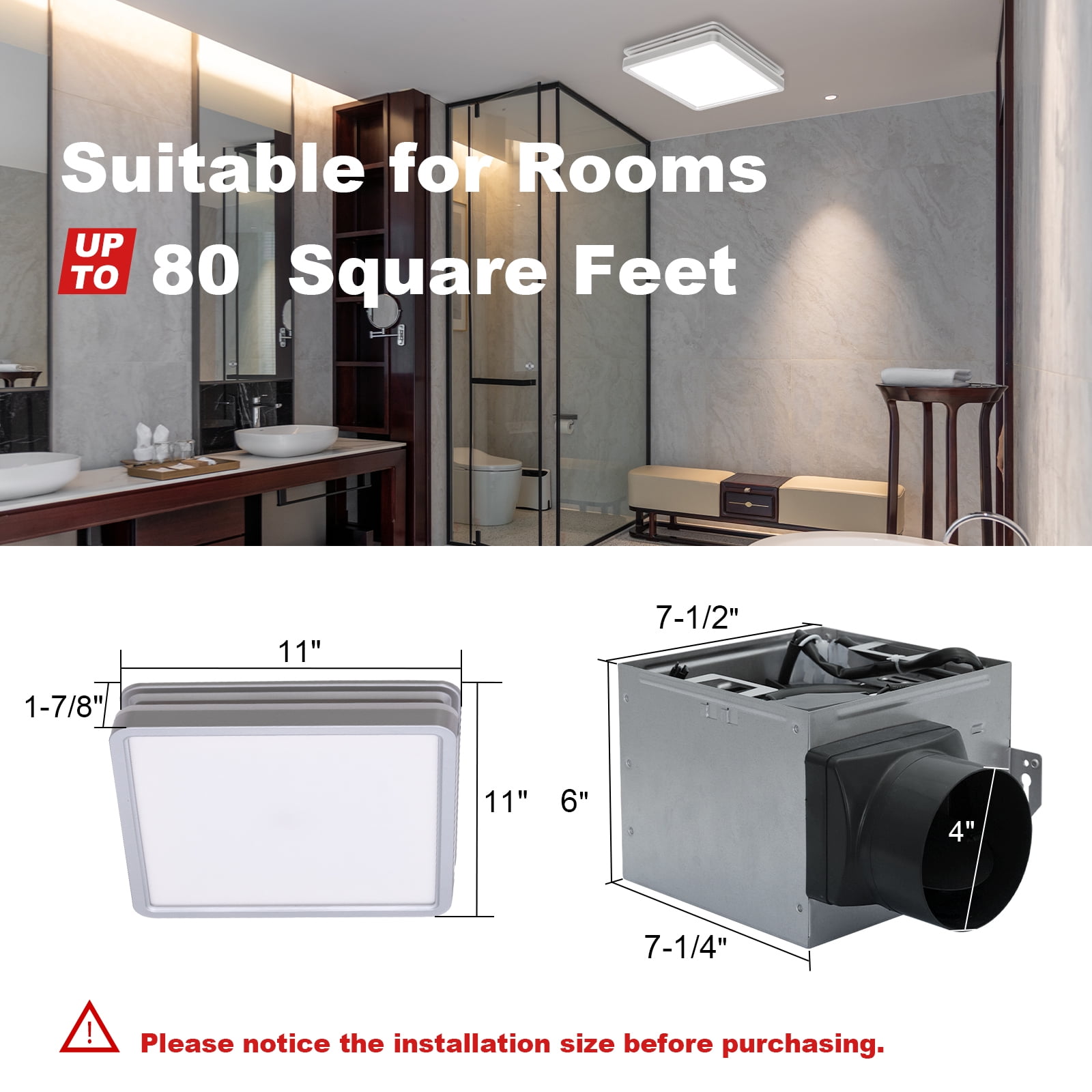 Akicon Bathroom Exhaust Fan with Light, 80CFM 2.0 Sones, Adjustable 3CCT LED, Nightlight, Silver