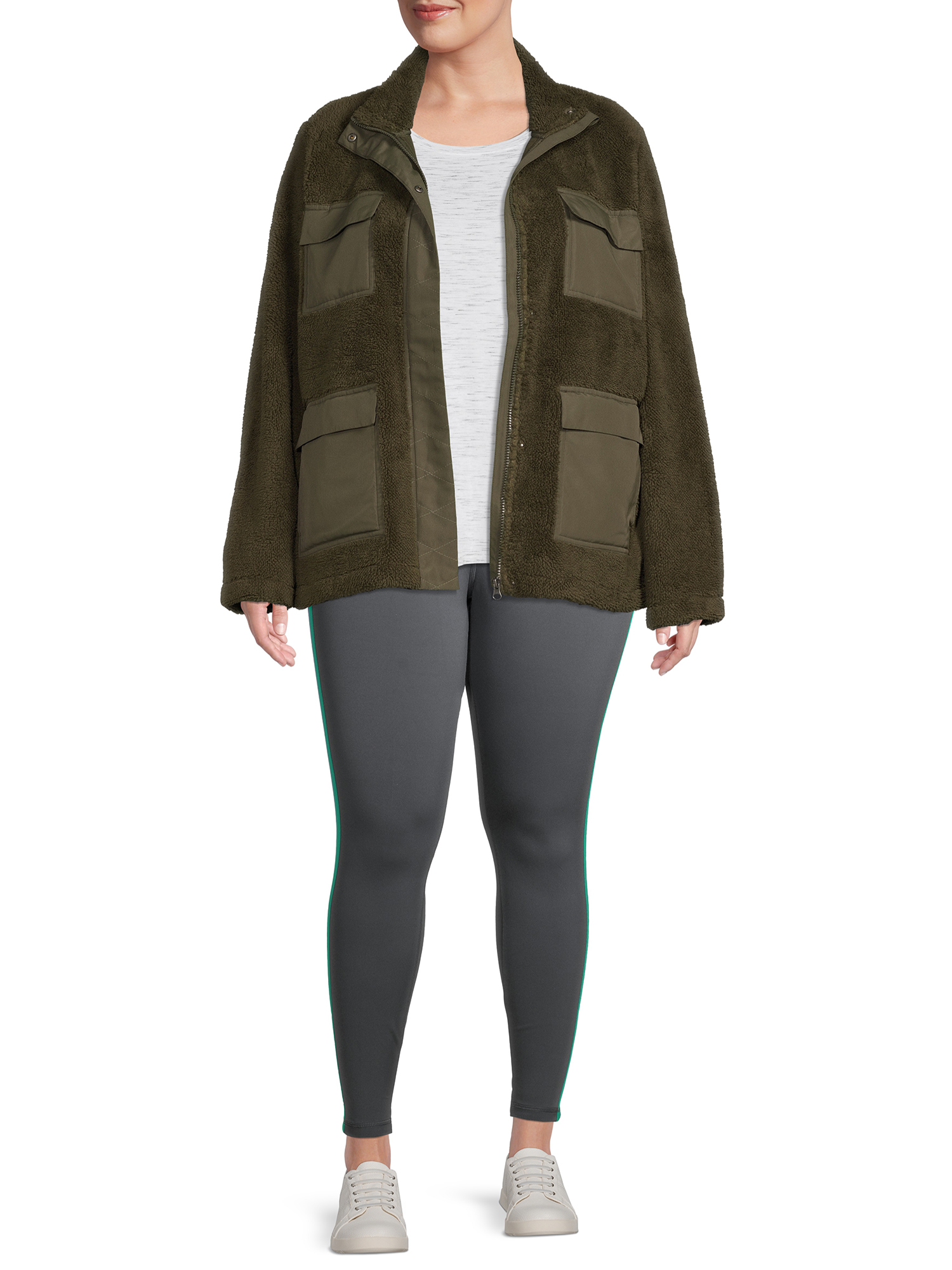 Avia Women's Plus Size Faux Shearling Utility Jacket with Pockets