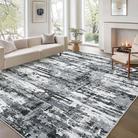 Modern Abstract Area Rug 9x12 Washable Large Rug Low Pile Non Slip Stain Resistant Indoor Carpet for Living Room Bedroom Dining Room Hallway,Gray and black