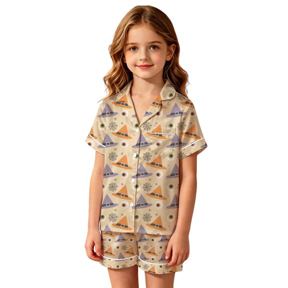 Toddler Girl Pajamas Loose Halloween Stylish Print Short Sleeve Button Pocket Lapel Top And Shorts 2 Piece Pjs for Girls Size 2-3 Years