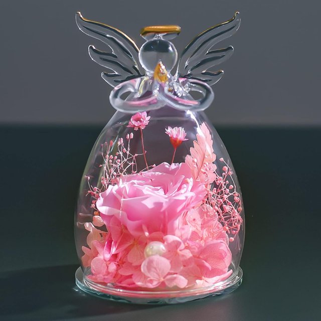 Rosa real en cúpula de cristal, rosa preservada con figuras de ángeles, regalos de flores para mujeres en el día de San Valentín, aniversario, día de la madre, día del niño, cumpleaños, día