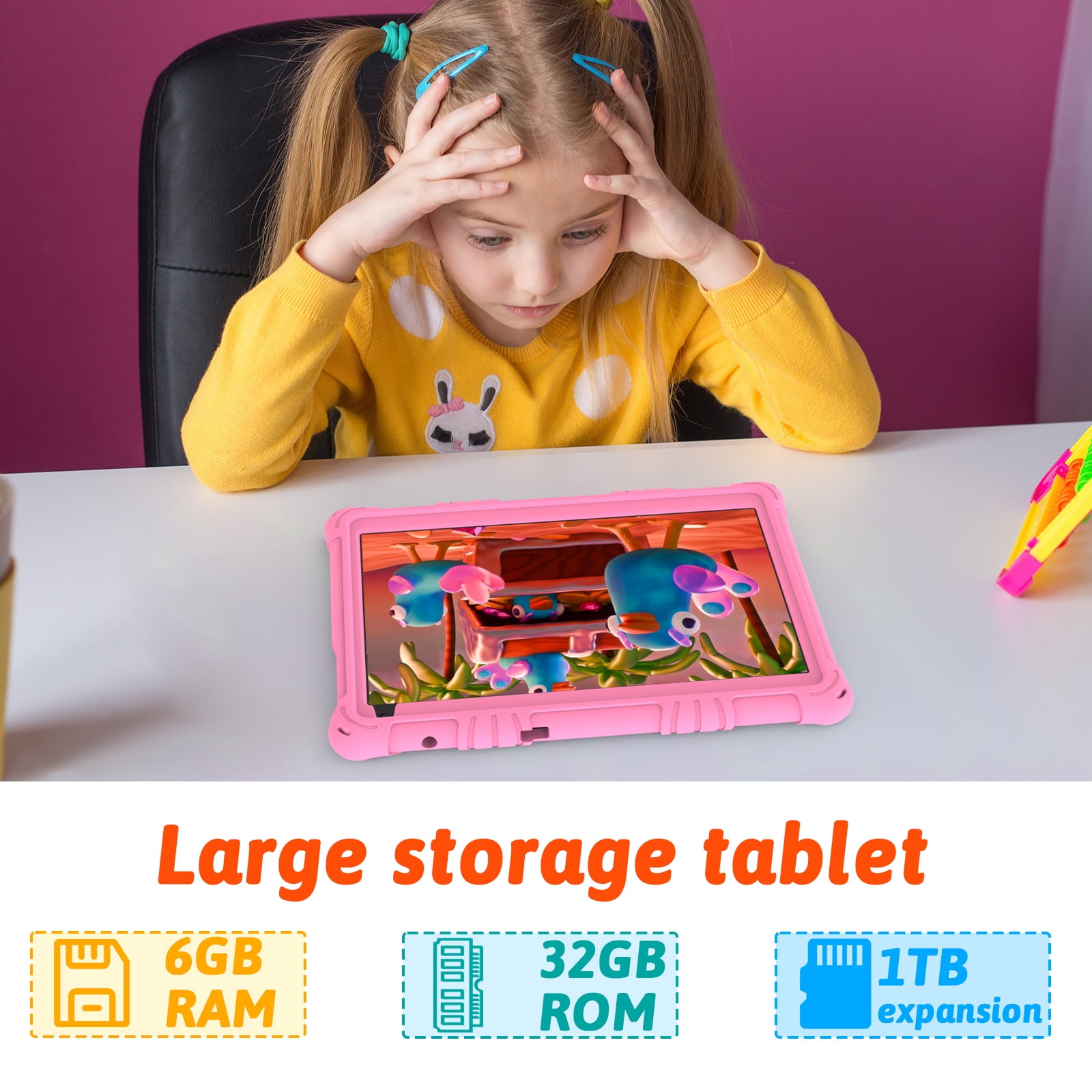Android 15 Kids Tablet 10 inch Tablet for Kids, Toddler Tablets with Shockproof Case, 6GB RAM 32GB ROM 1TB Expand, Parental Controls, Kids Space, Child Learning, WiFi, 6000mAh, Dual Camera, Pink