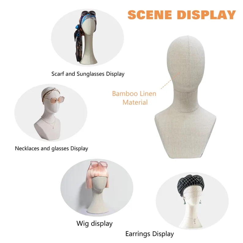 DE-LANG Bamboo Linen Mannequin Head with Long Neck, Pinnable Display for Hats, Wigs, Scarves & Jewelry