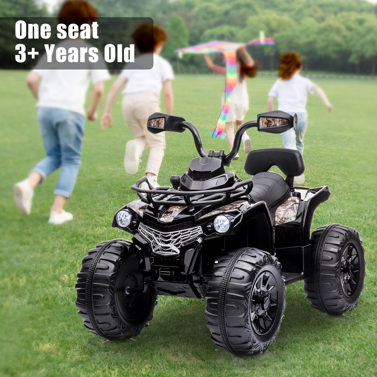Lohoms 12V 4-Wheeler Kids Ride On Car ATV, Electric 12V Rechargeable Battery Powered Kid's Quad Car Toys, With LED Lights Music USB, 2 Speed, Black