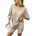 thumbnail image 2 of Penkiiy Ribbed Knit 2 Pieces Outfits for Women Pajamas Lounge Sets Oversized V Neck T-shirts Shorts Set with Side Slit L Khaki, 2 of 9