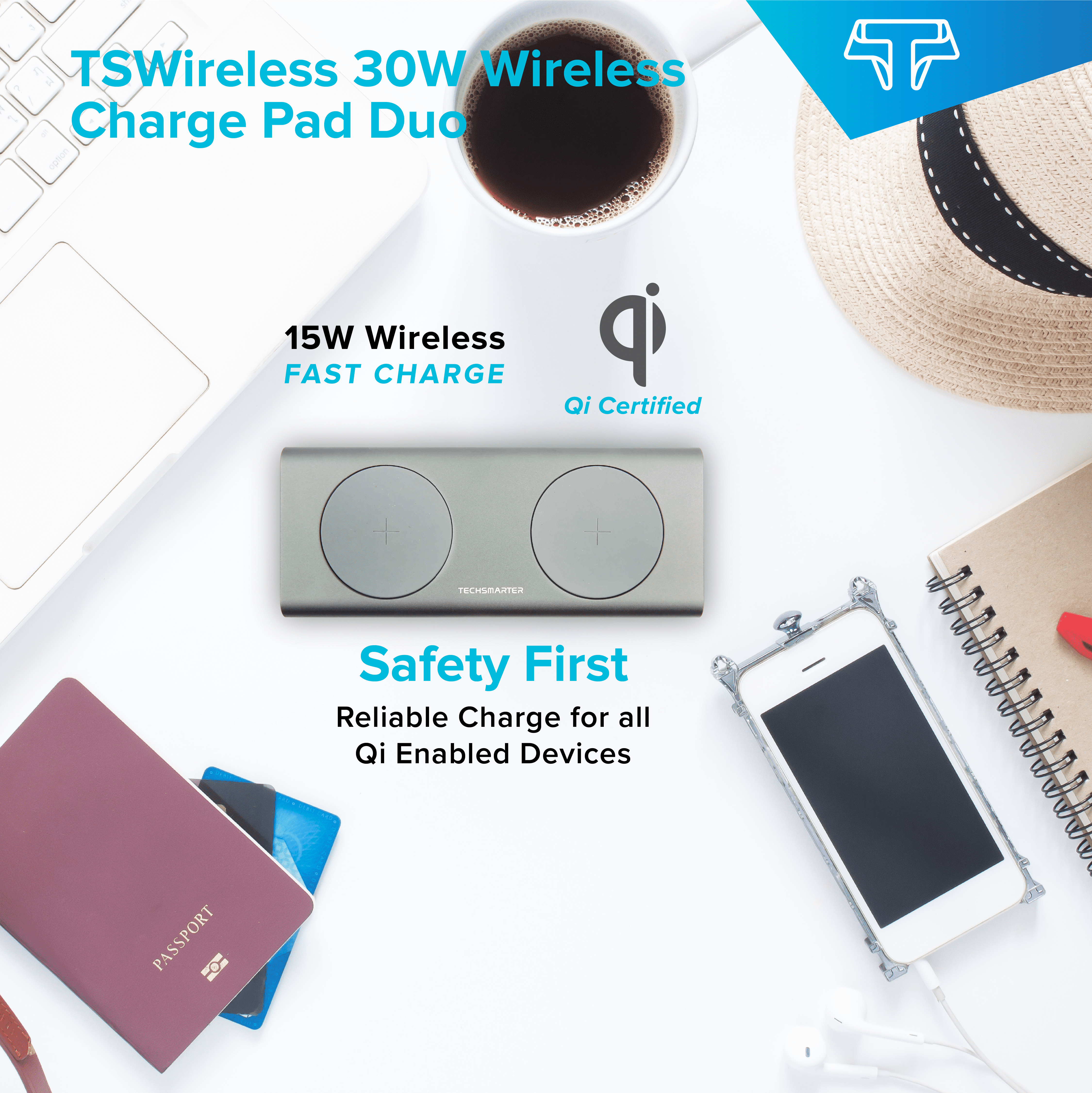 Techsmarter 15W (30W Total) Dual Wireless Charger, Fast Charging Pad. Compatible with iPhone 13, 12, 11, XS, X, XR, 8, Samsung S21, S20, S10, S9, S8, Note, LG ThinQ