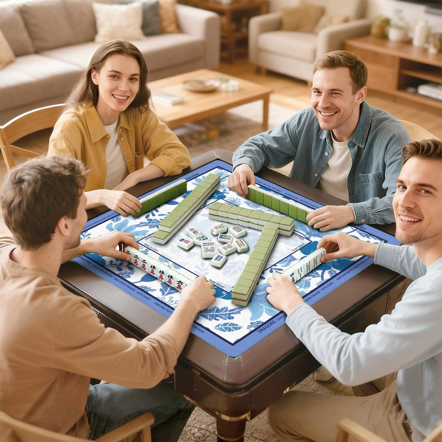 Floral Mahjong Mat with Rules, 31.5*31.5in Anti Slip American Mahjong Mat for Table, Noise Reduction, Neoprene Mah jongg Mats with Carrying Bag & 3 Dices, Mahjong Set Gift, Board Tile Games Mats