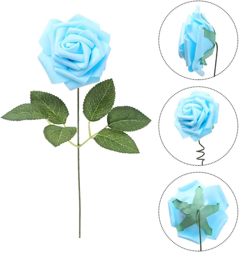 30pcs Baby Blue Roses Foam Flowers Artificial Roses with Stems, Fake Roses with Fake Flowers for DIY Wedding Bouquets Baby Shower Centerpieces Floral Party Home Décor (Light Blue)
