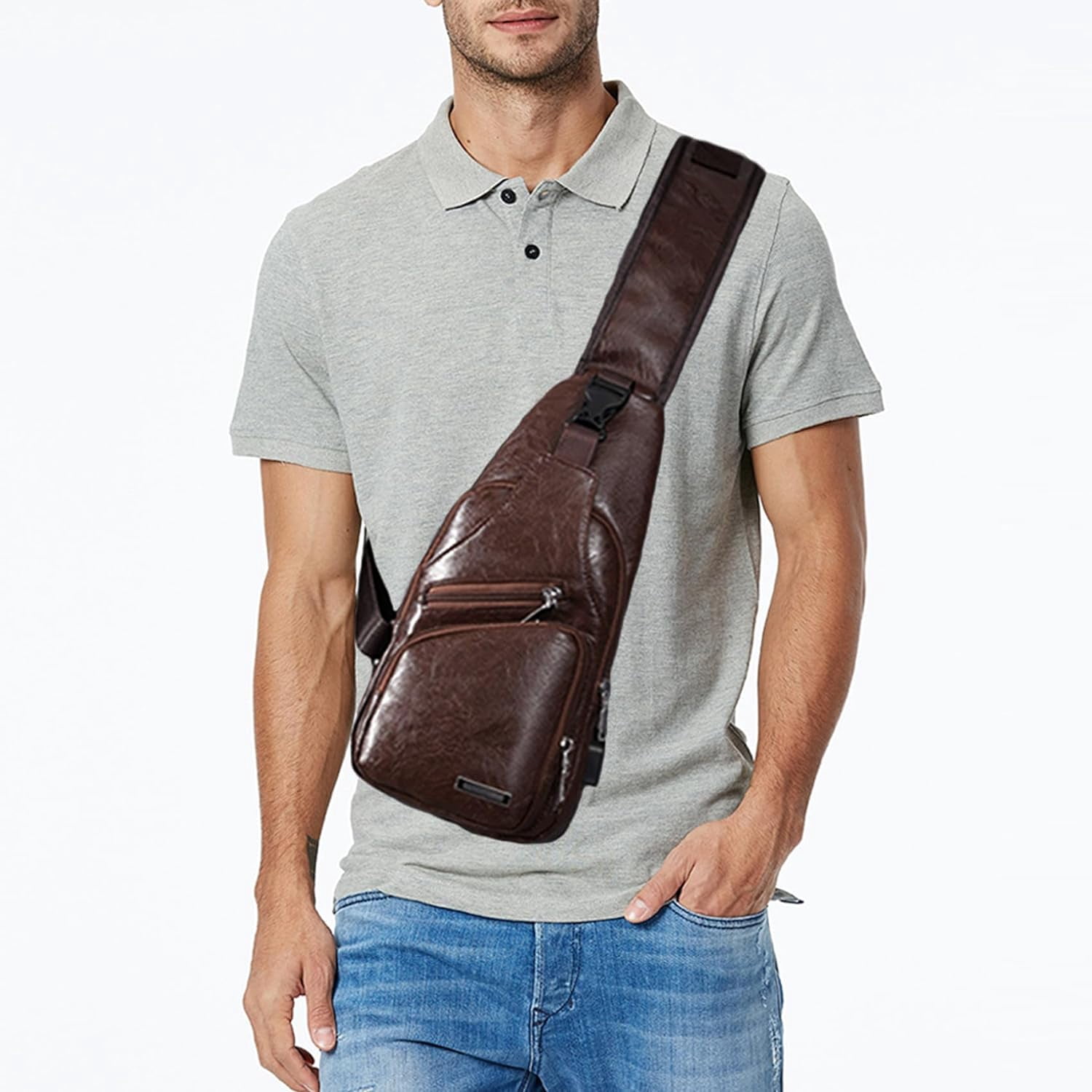Men's Sling Bag Small Chest Crossbody Shoulder Bag with USB Charging Port
