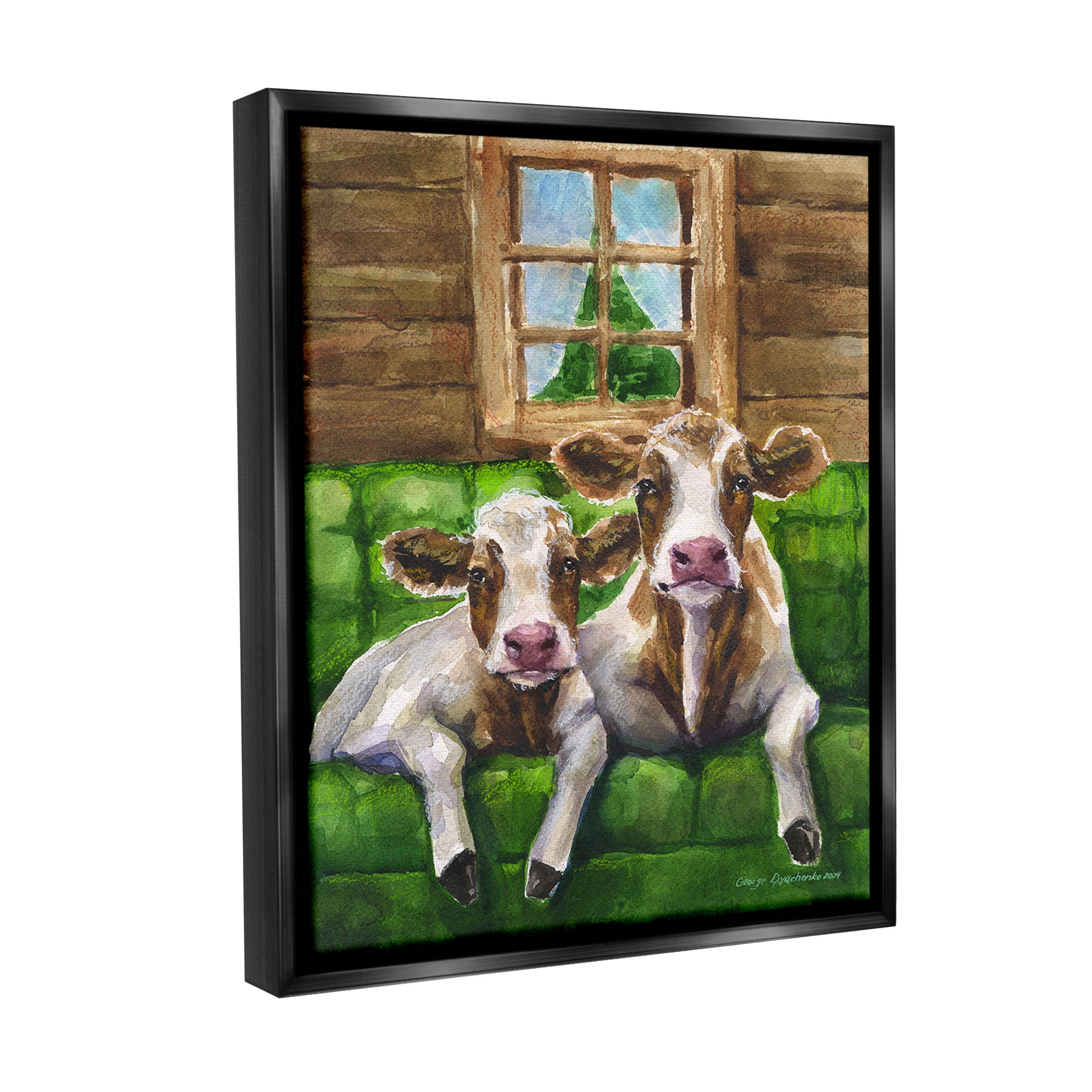 Stupell Industries Cows in Barn Cabin Animals & Insects Painting Black Floater Framed Canvas Art Print Wall Art, 17 x 21