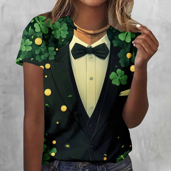 LEKWK Womens Funny Tshirts Leprechaun Tuxedo Print Round Neck St Patricks Day Shirt 3D Graphic Bow Tie Suit Costume Novelty Top