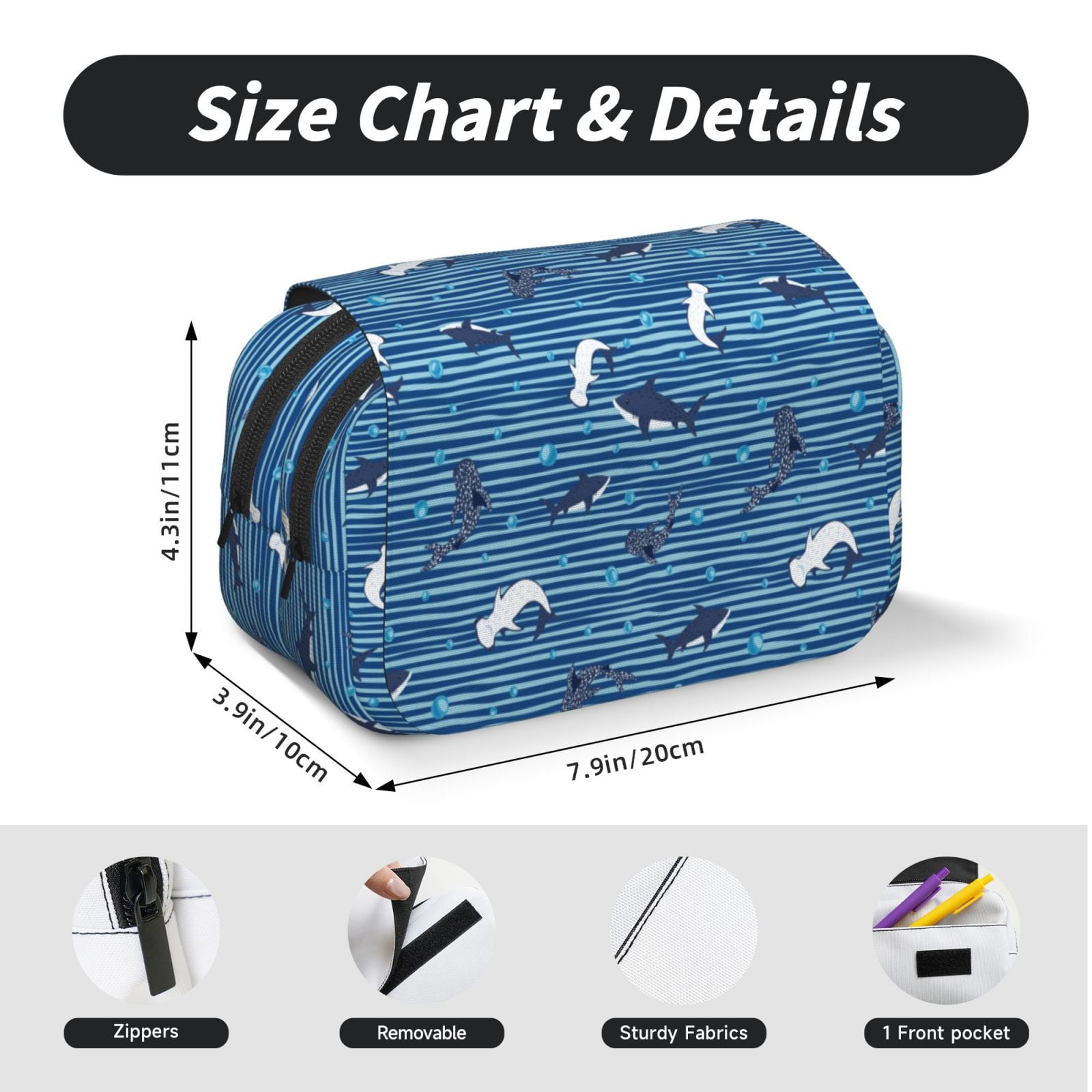 Rateoe Sharks on White Blue Striped Pattern Double Clamshell Pen Case, Storage Organizer with Two Zipper Compartments– Holds Up to 50 Pencils & Pens