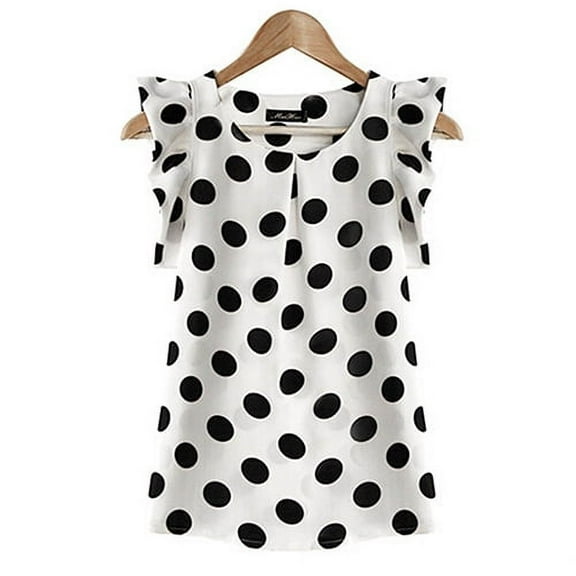 Women Summer Casual Polka Dot Round Neck Short Sleeve Shirt Top Chiffon Blouse