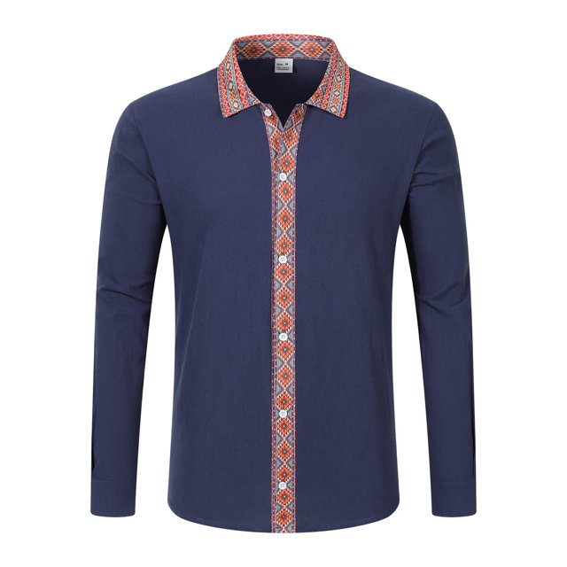 European Linen Long Sleeve Shirt with Ethnic Pattern Patchwork for Everyday Casual Wear Relaxed Fit Top for Spring and Autumn