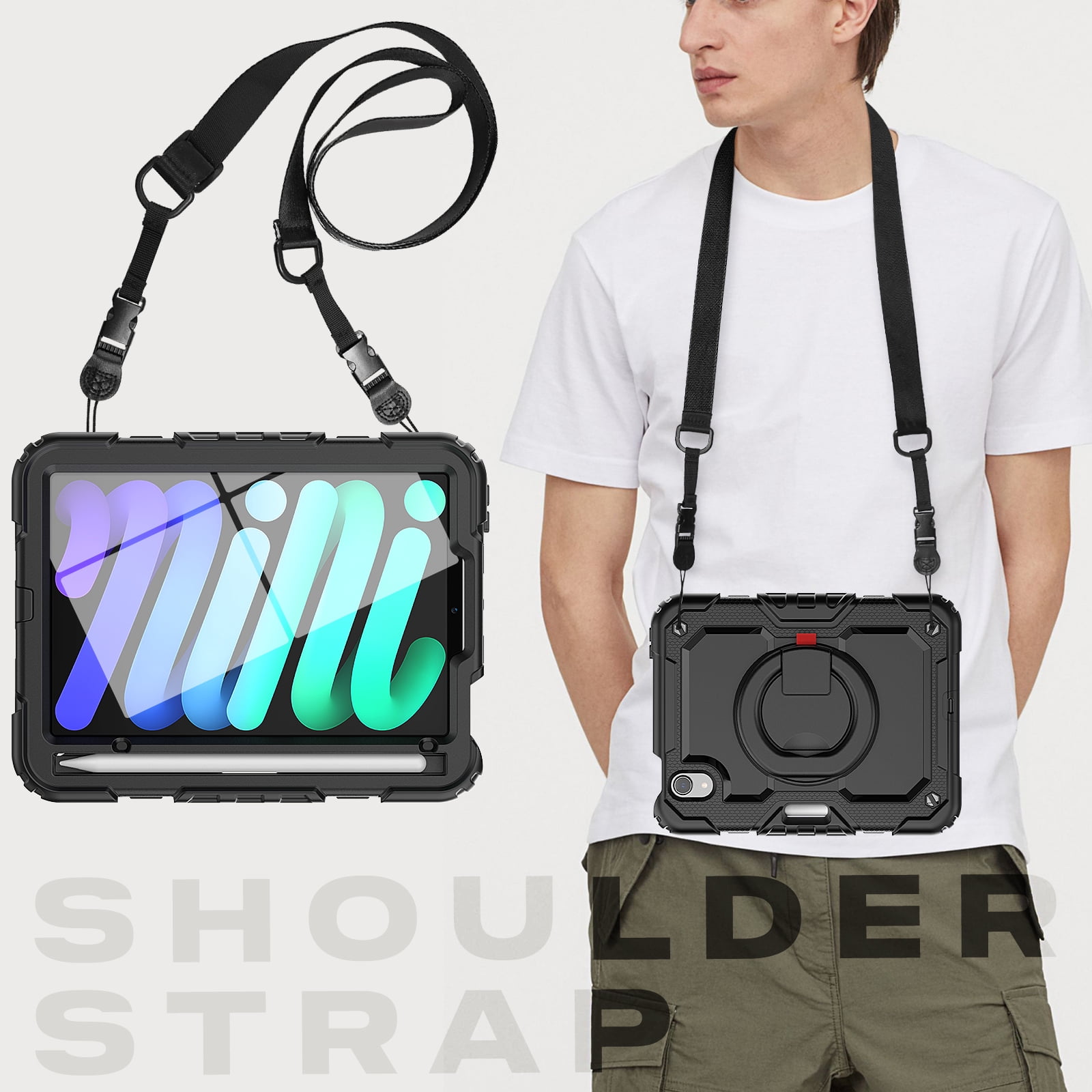 iPad Mini 6 Case 2021, Dteck 360 Rotating Heavy Duty Shockproof with Rugged Stand Pencil Holder for Kids Case for iPad Mini 6th Generation 8.3 Inch - Shoulder Strap, Screen Protector, Black