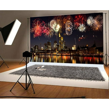 GreenDecor Polyester Fabric 7x5ft Photography Backdrop City Night Landscape Happy New Year Fireworks Skyscraper Festival Celebrations Scene Photo Background Children Baby Adults Portraits (Best Camera Lens For Portraits And Landscape)