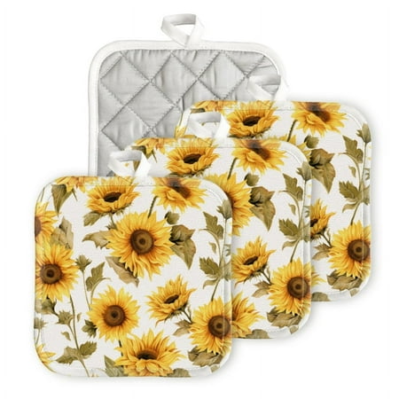 

BaHomeck Pot Holders 4pcs dacron Made Square heat-resisting mat Machine Washable for Kitchen Oven Hot Pads 6.7inch*6.7inch Sunflowers In The Style Of Watercolor On White Background