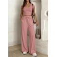thumbnail image 3 of PRETTYGARDEN Women's 2 Piece Matching Lounge Sets Ribbed Short Sleeve Crop Tops Wide Leg Pants Summer Airport Outfits, 3 of 10