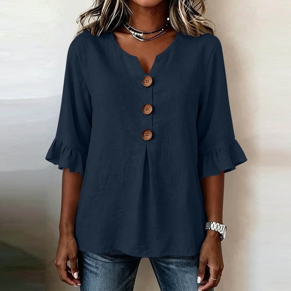 Xdegoge Womens Ruffle Half Sleeve Henley V Neck Shirts Button Down Front Pleated Flowy Tunic Tops Casual Loose Fit Spring Summer Everyday Wear Peasant Vintage Style Tees Blouses