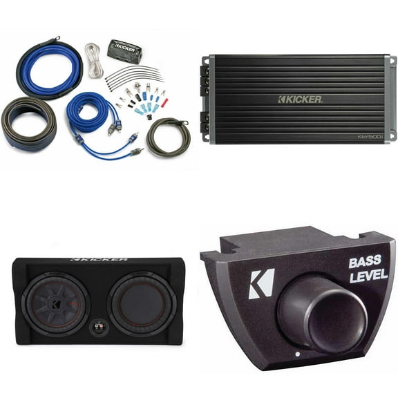 Kicker Comp RT 10 Inch 48TRTP102 Thin Down Firing Enclosure Package with 47KEY5001, Bass Knob & CK4 Amp install kit Bundle