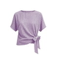 thumbnail image 4 of Women's Gingham Cotton Tops Summer Oversized Crew Neck Bow Tie Waist Blouse Fashion Casual Short Sleeve Daily Wear Shirt Purple, 4 of 5