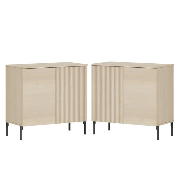 Modern Minimalist Wood Nightstand Set of 2 with Doors ,31.5" Large End Table,Reeded Design Bedside Table for Bedroom, Living Room,Entryway