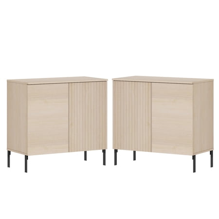 Modern Minimalist Wood Nightstand Set of 2 with Doors 31.5 Large End Table Reeded Design Bedside Table for Bedroom Living Room Entryway