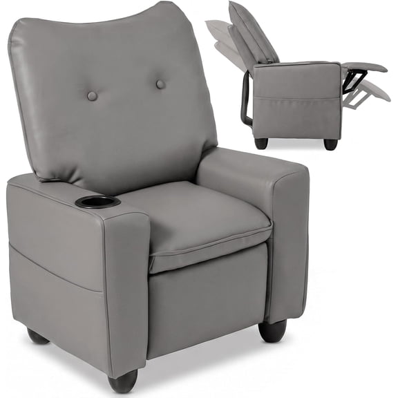 INFANS Kids Recliner, Toddler Lounge Chair with 105° to 150° Adjustable Backrest Footrest Cup Holder Side Pockets, PU Leather Toddler Reclining Couch for Children Boys Girls
