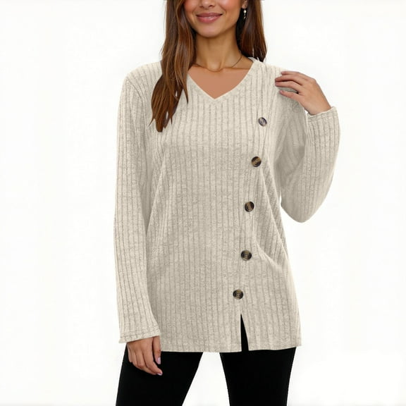 Womens Long Sleeve V-Neck Knit Sweaters Front Slit Button Down Tops Casual Solid Color Loose Fit Sweaters Tops