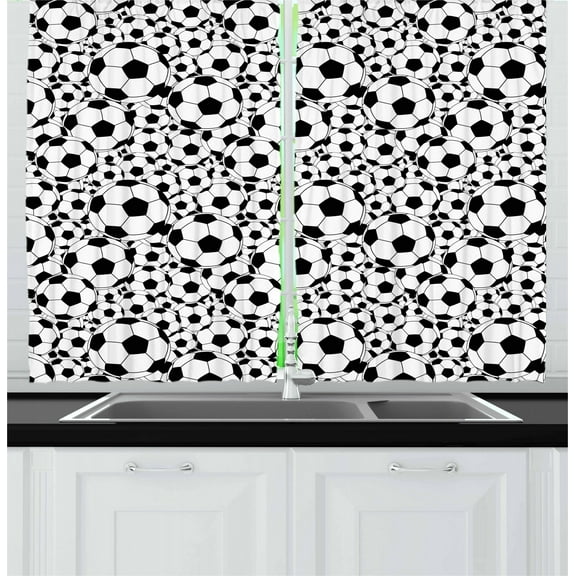 Ambesonne Soccer Kitchen Curtains, Monochrome Balls Boys, 55"x39", Black White