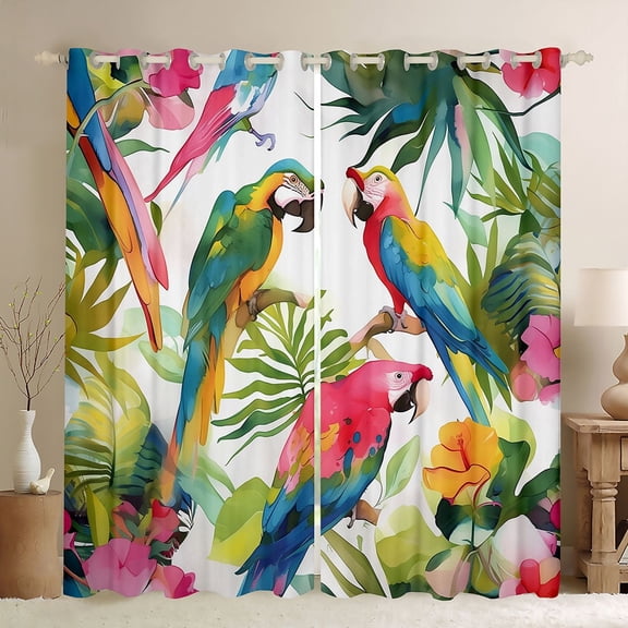 Feelyou Green Pink Parrot Black Out Curtains for Teen, Tropic Palm Leaves Curtains Pack of 2 (42x63 Each), Watercolor Flower Floral Bedroom Curtains, Blackout Curtains Bedroom Decor