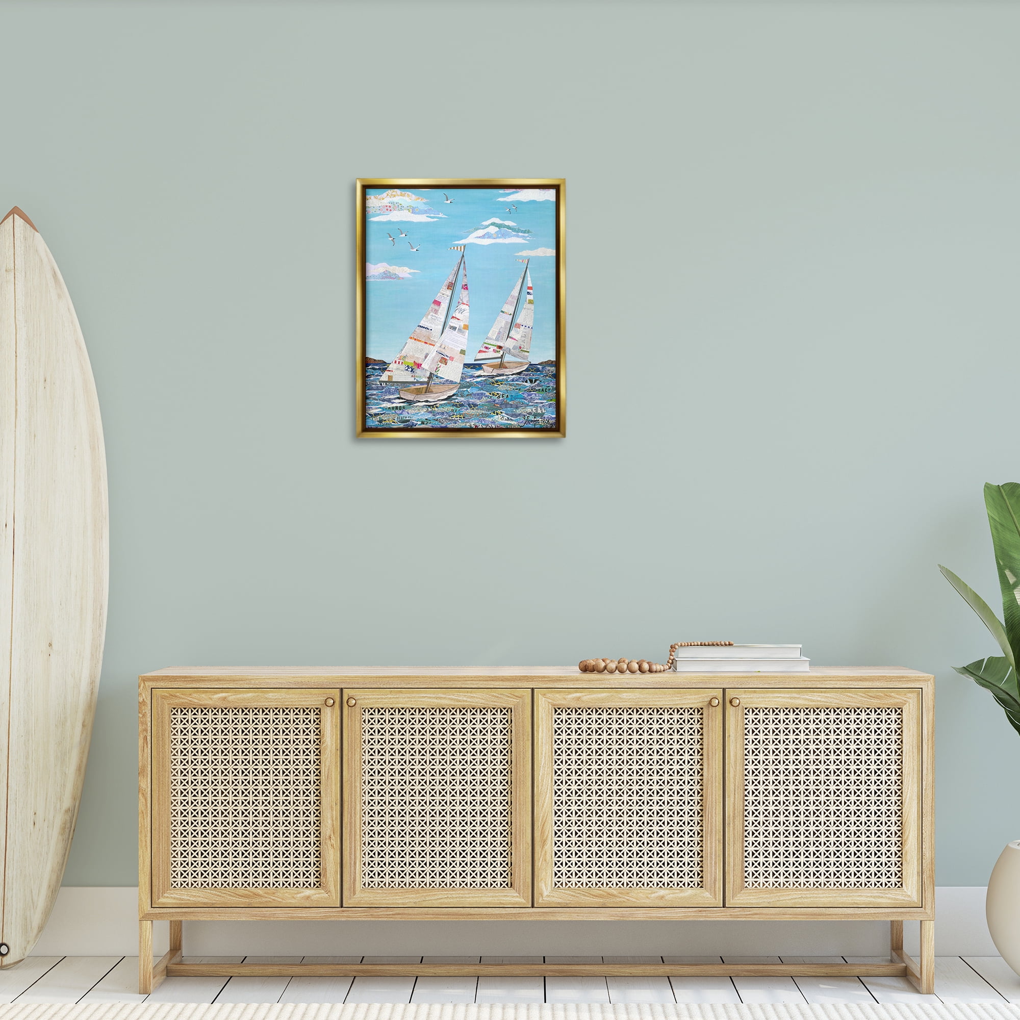 Stupell Industries Collaged Sailboat Pair Transportation Painting Gold Floater Framed Canvas Art Print Wall Art, 25 x 31