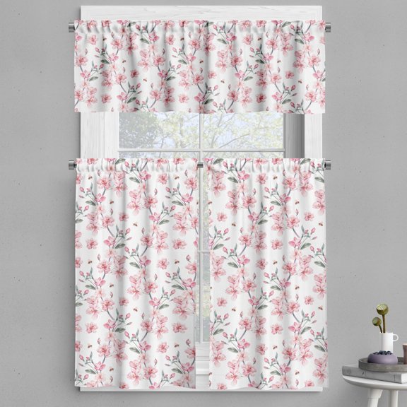 Ambesonne Watercolor Valance & Curtain, Sakura Cherry Garden, 55"x24", Reseda Green Pale Pink