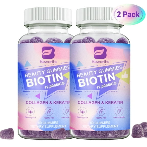Biotin Gummies 12000mcg with Biotin, Collagen, Keratin, Chlorophyll, Zinc and Vitamin A, B6, B12, C, D, E Complex Supports Hair Skin and Nails Growth for Women & Men, 120 Count, Non GMO
