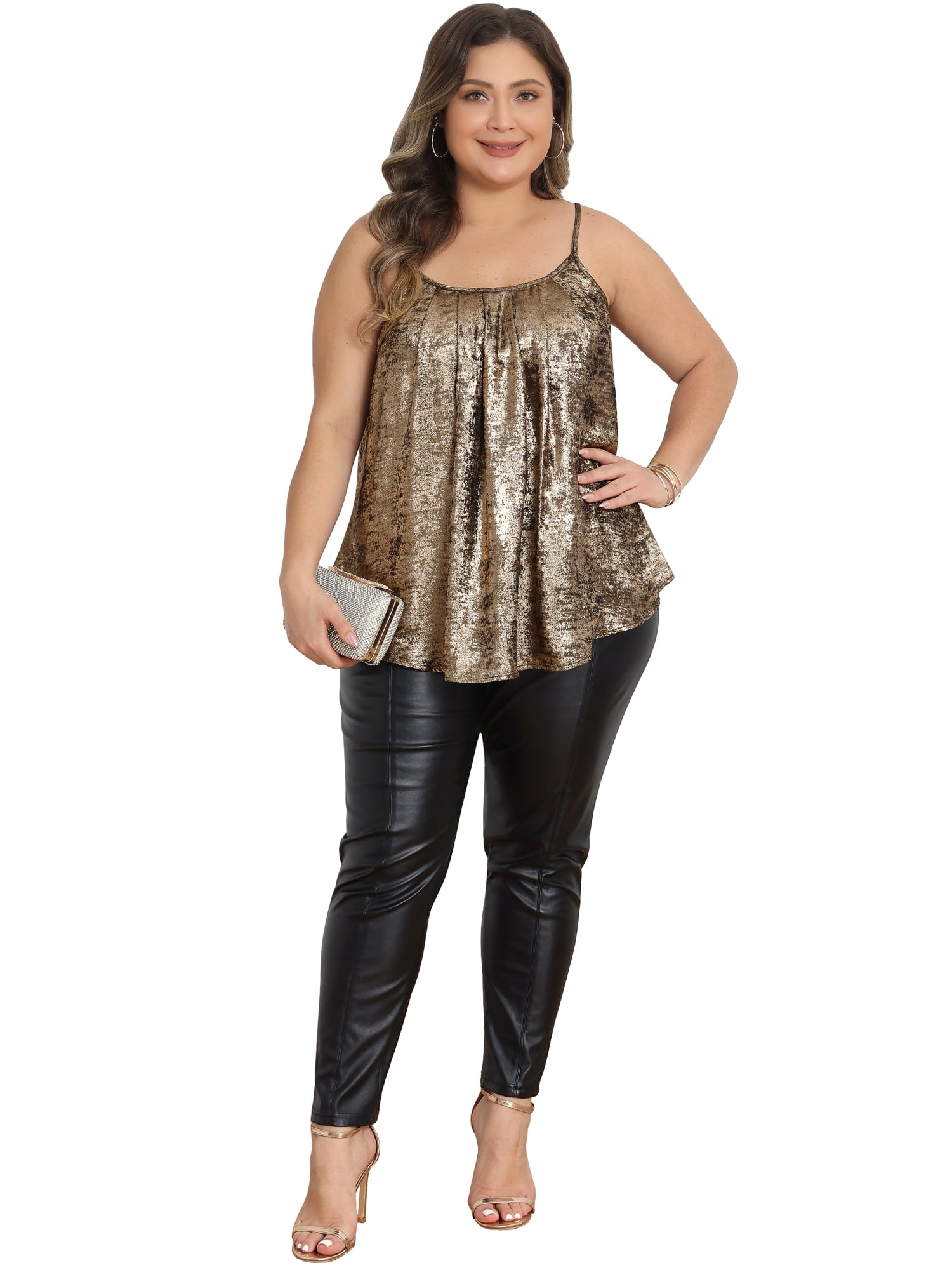 DARING DIVA Women's Plus Sequin Tank Top Spaghetti Strap Glitter Party Cami 1X Gold