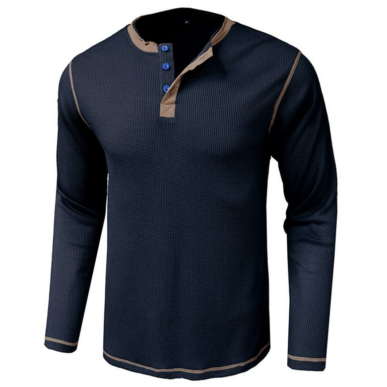 Jggspwm Men's Color Block Waffle Shirts Classic Fit Long Sleeve Formal Shirts Trendy Henley Shirt Casual Shirts Lapel Turndown Collar Button Up Dress
